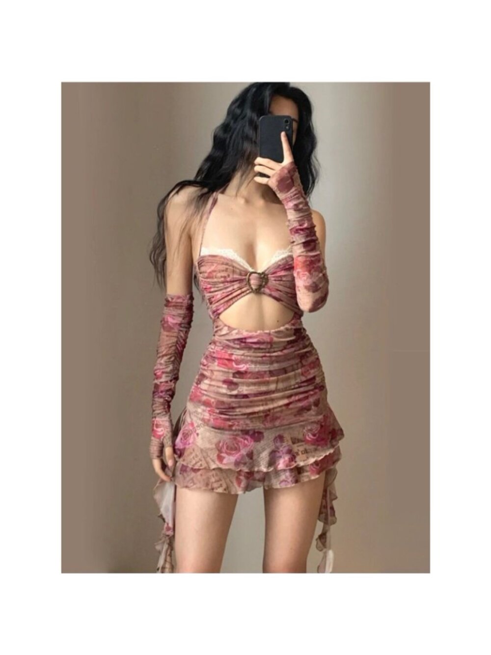 1JINN Studio Fairy Grunge Mesh Mini Dress Pink Floral Print Ruched XS/S slip